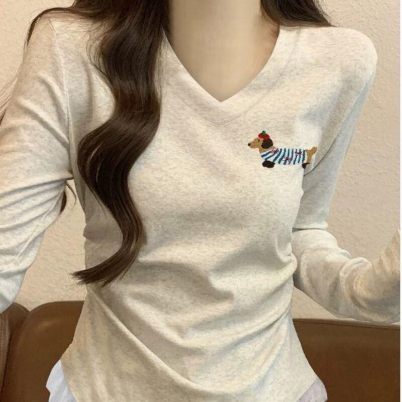撞色长袖V领T恤上衣女2026早秋蕾丝花边掐腰显瘦修身显瘦打底衫潮