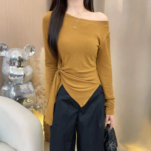 新款时尚露锁骨斜领长袖T恤女2026早秋设计感绑带修身气质上衣潮