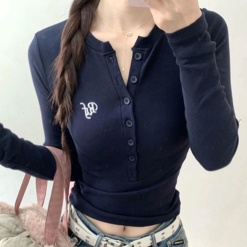 韩系辣妹半开领女春秋内搭高级感休闲修身显瘦打底衫长袖t恤上衣