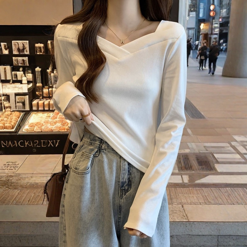 超好看女装德绒打底衫正肩遮肚子2026长袖v领t恤内搭保暖上衣ins