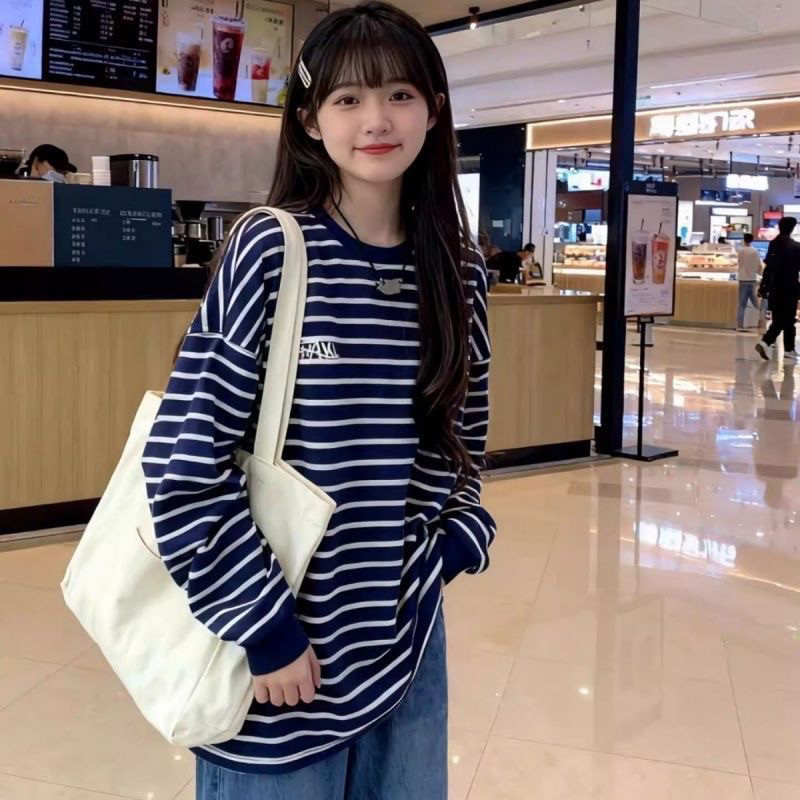 超火韩系字母刺绣条纹圆领长袖T恤女秋季新款休闲宽松慵懒风上衣