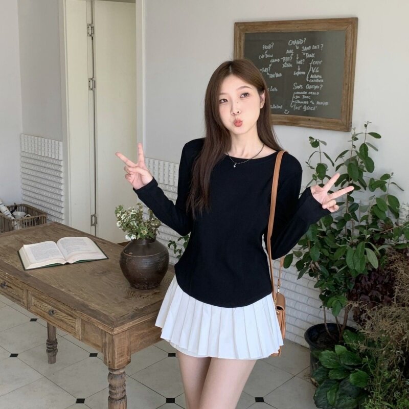 秋冬季正肩方领内搭鱼骨德绒保暖打底衫长袖t恤不规则下摆上衣女