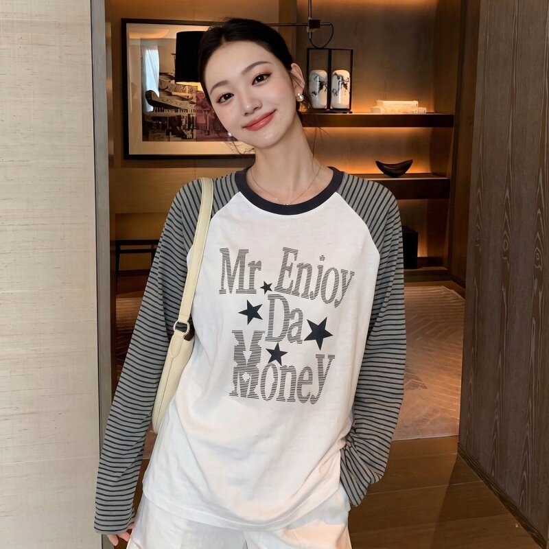 时尚春秋季韩系复古长袖T恤女星星字母印花条纹打底衫宽松上衣ins