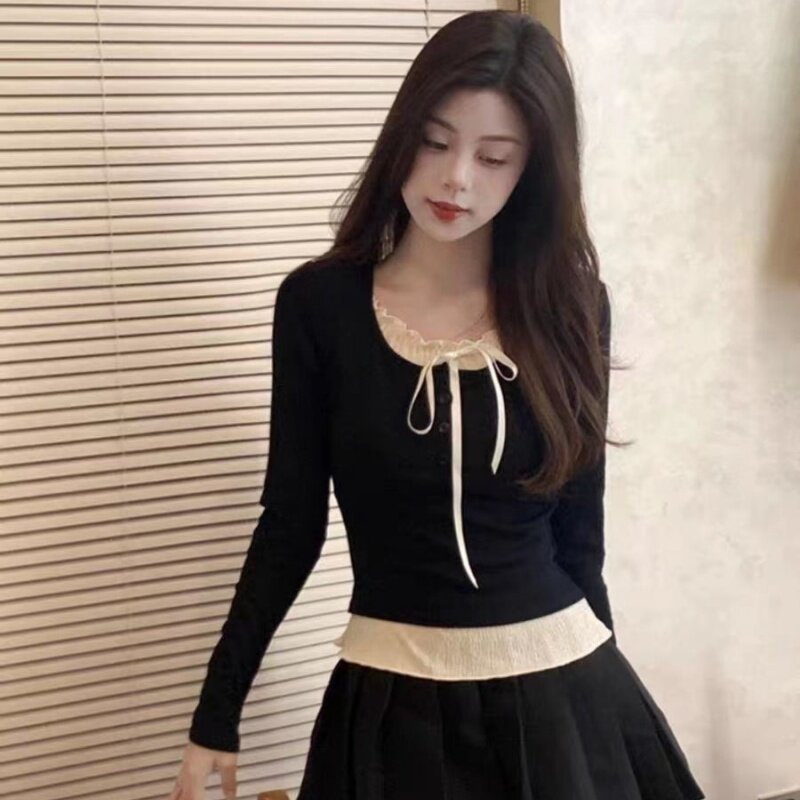 假两件正肩短袖t恤女2026春秋冬季新款韩系穿搭小个子设计感上衣