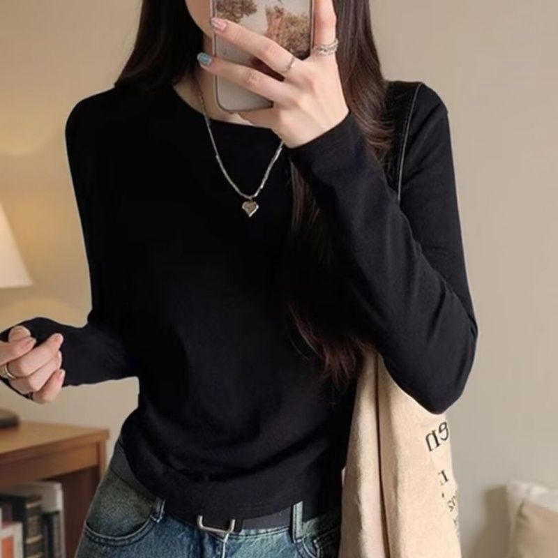 黑色新款设计感长袖T恤女装秋冬修身收腰弧形下摆褶皱打底衫上衣