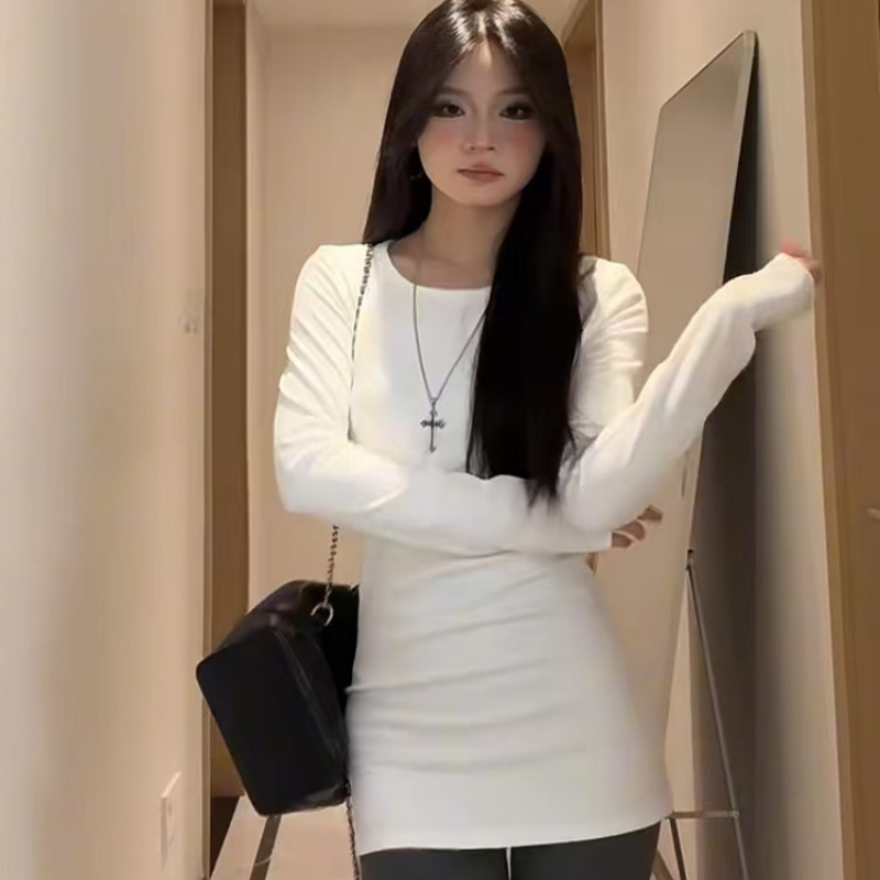 正肩慵懒风圆领长袖T恤女秋季收腰内搭保暖打底衫德绒中长款上衣