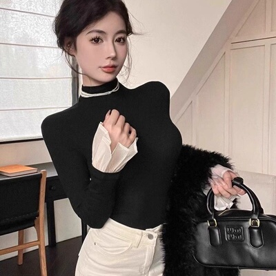 法式拼接喇叭袖打底衫女秋冬季半高领德绒保暖内搭长袖t恤上衣潮