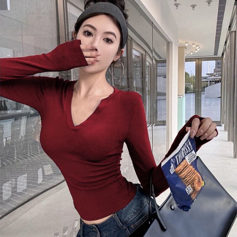 韩系修身显瘦长袖T恤女性感气质优雅春秋打底薄款紧身显身材上衣