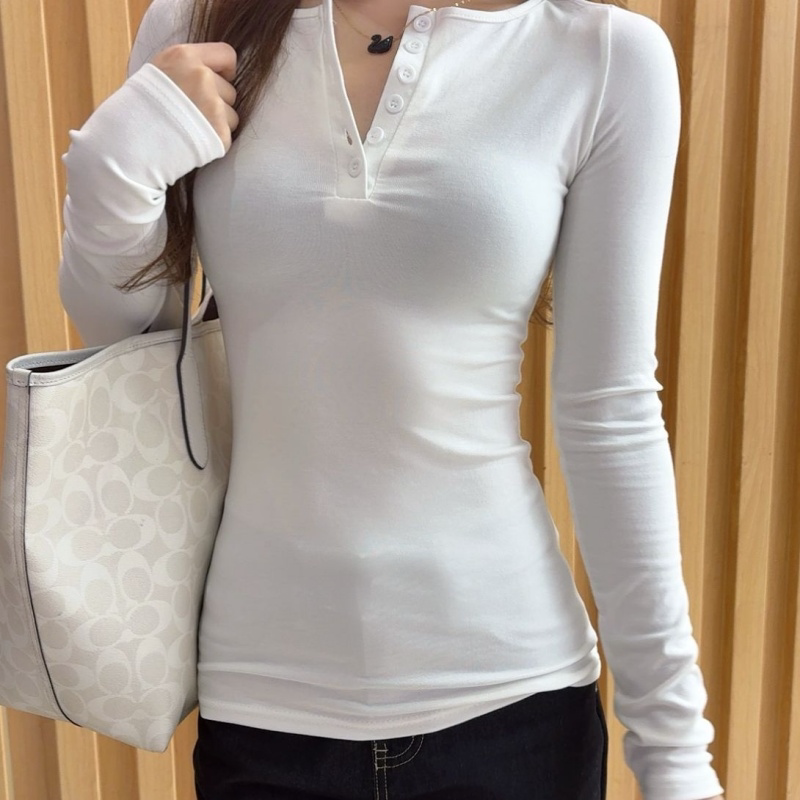 设计感纽扣半开领长袖T恤女秋季新款修身休气质韩版时尚上衣ins潮