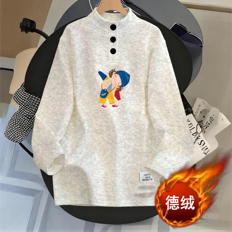 韩系卡通印花半高领超好看长袖T恤女2026秋季慵懒风宽松打底上衣
