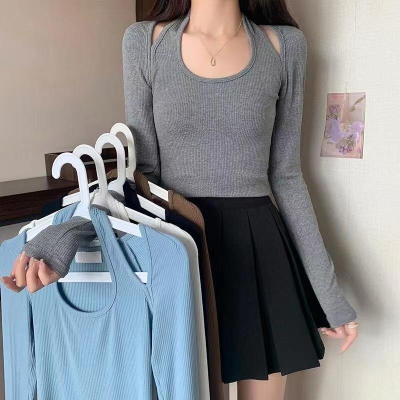 纯欲风辣妹显瘦挂脖露肩长袖t恤女春秋季内搭修身短款百搭上衣ins