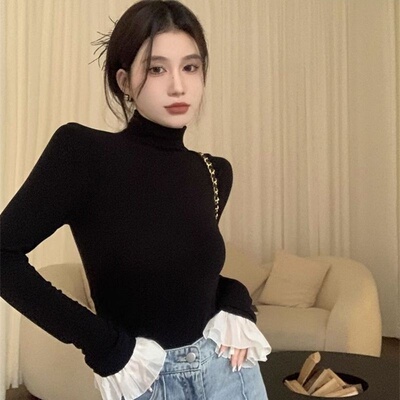 纯欲风甜美长袖T恤女秋冬新款德绒磨毛喇叭袖打底衫内搭保暖上衣
