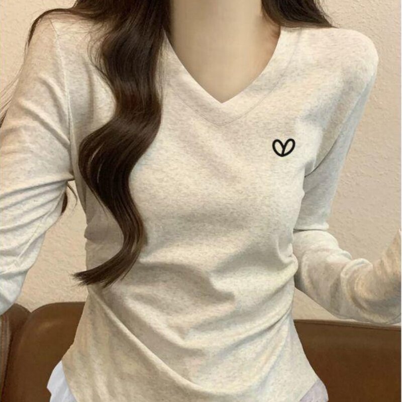 2026早秋撞色长袖V领T恤女装蕾丝花边掐腰显瘦修身显瘦打底衫上衣