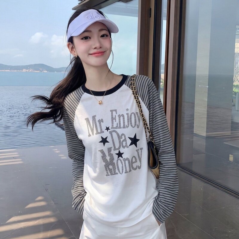 美式复古条纹印花长袖t恤女2026春秋新款宽松休闲慵懒风y2k上衣潮