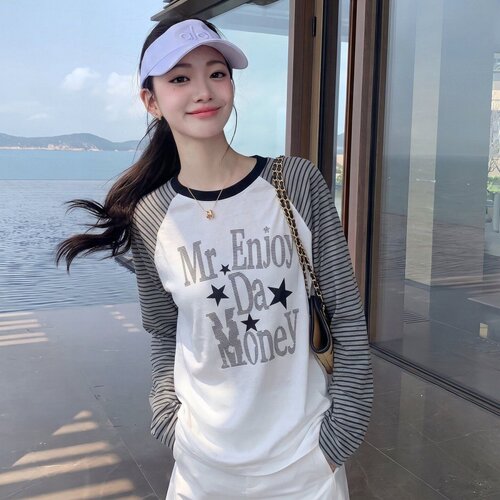 美式复古条纹印花长袖t恤女2026春秋新款宽松休闲慵懒风y2k上衣潮