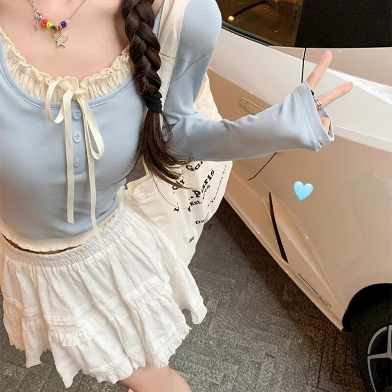 纯欲风假两件长袖T恤女秋冬季蝴蝶结系带设计感打底衫木耳边上衣