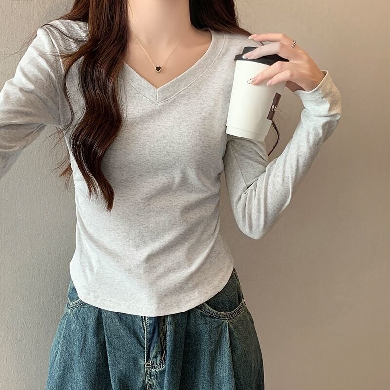 德绒设计感褶皱V领长袖t恤女秋冬季新款修身收腰不规则下摆小上衣