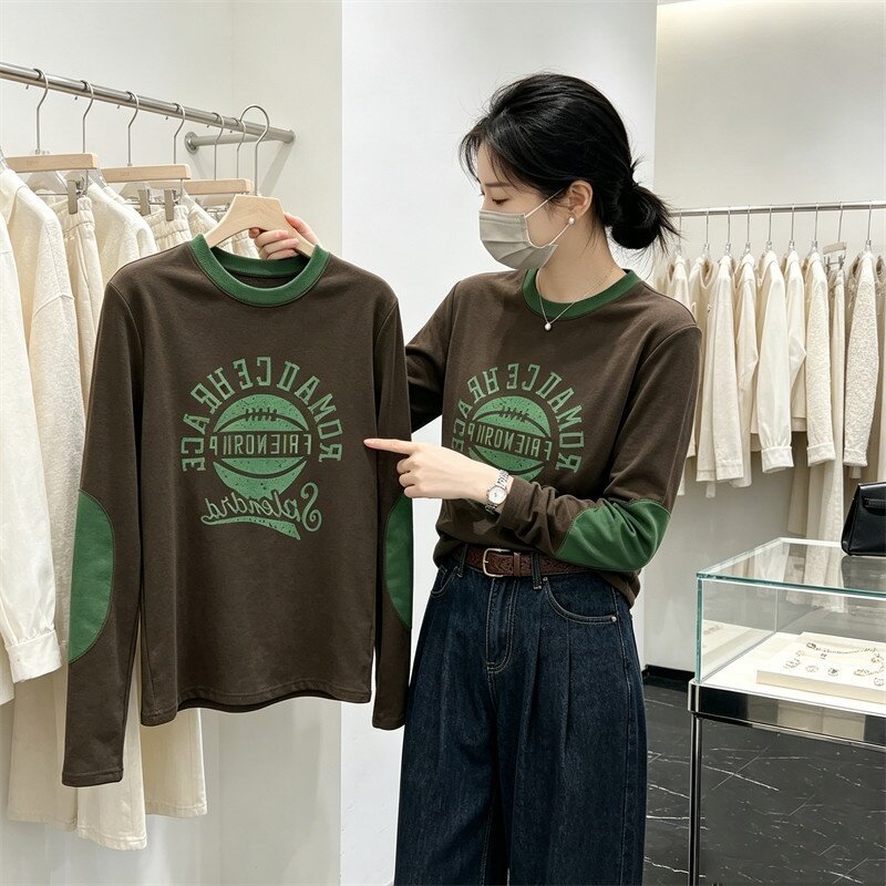 长袖T恤复古上衣女士撞色辣妹印花美式休闲百搭秋冬新款德绒打底