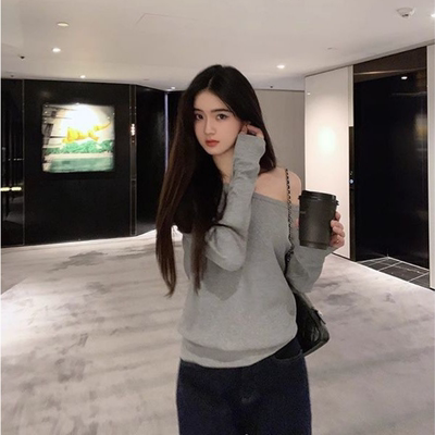 春秋新款慵懒风宽松显瘦长袖T恤休闲百搭斜领纯色休闲百搭上衣女