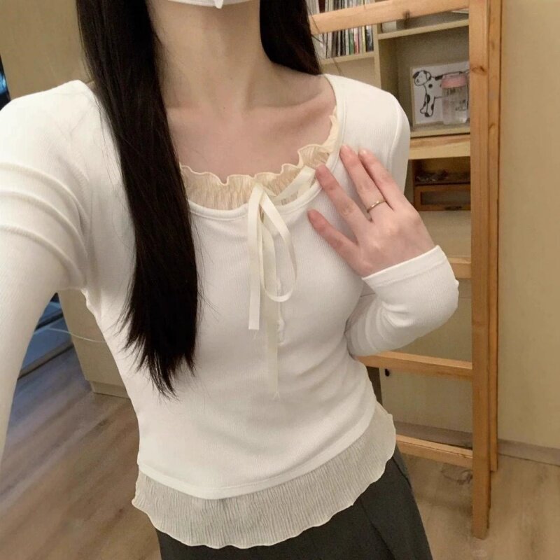 2026韩系秋季蝴蝶结芭蕾风木耳边拼接假两件长袖女正肩t恤上衣ins