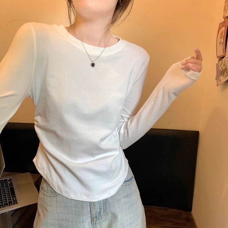 美式复古打底长袖T恤女装秋冬修身新款弧形下摆收腰褶皱绝美上衣