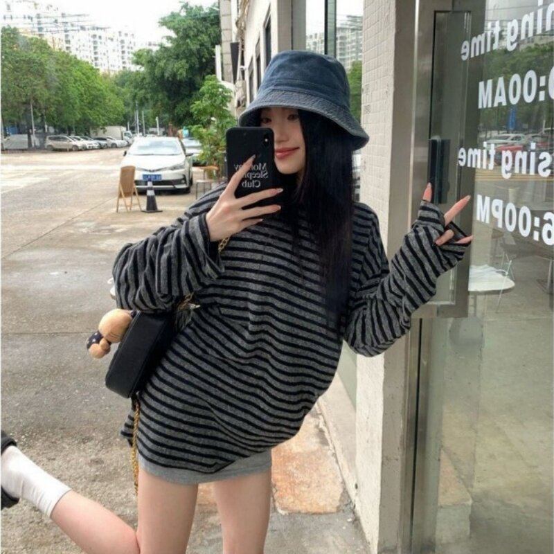 韩系慵懒风复古条纹长袖t恤女2026秋季新款美式宽松韩版别致上衣