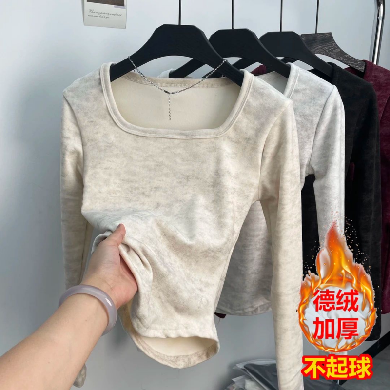 秋冬新款染色方领德绒长袖T恤女正肩设计感修身收腰保暖打底上衣