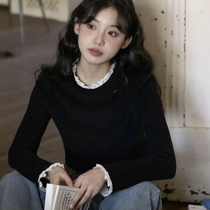 2026蕾丝花边长袖T恤女设计感小众德绒打底衫女秋新款内搭上衣ins