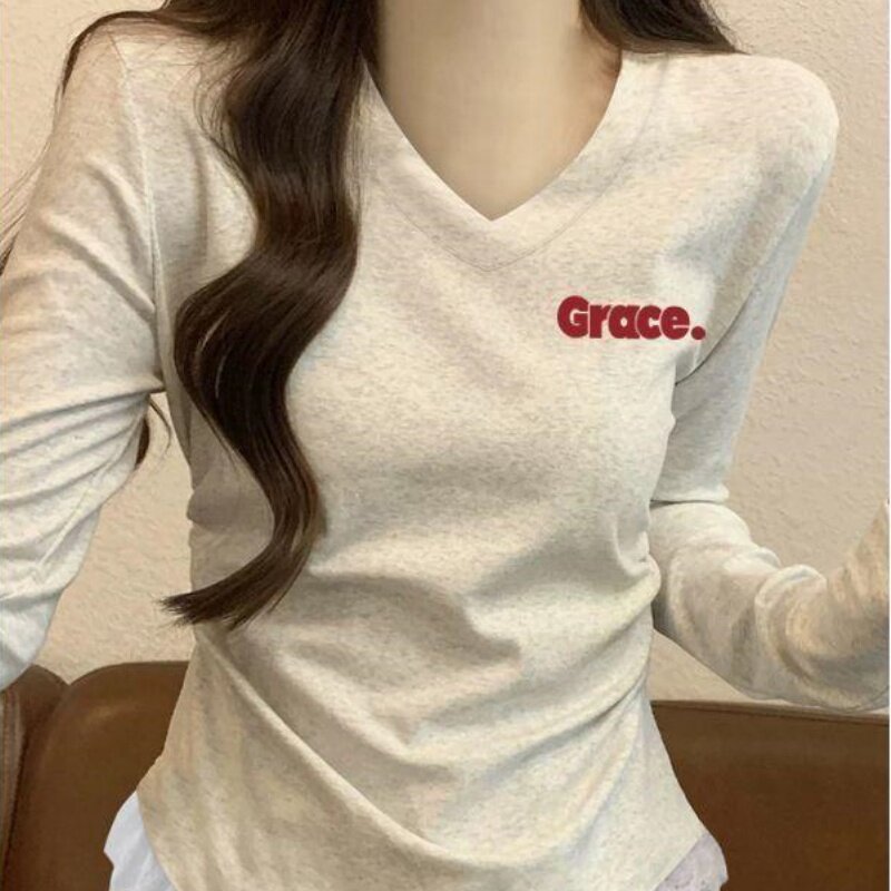 秋季蕾丝花边撞色长袖V领T恤女装掐腰显瘦修身显瘦打底衫上衣ins