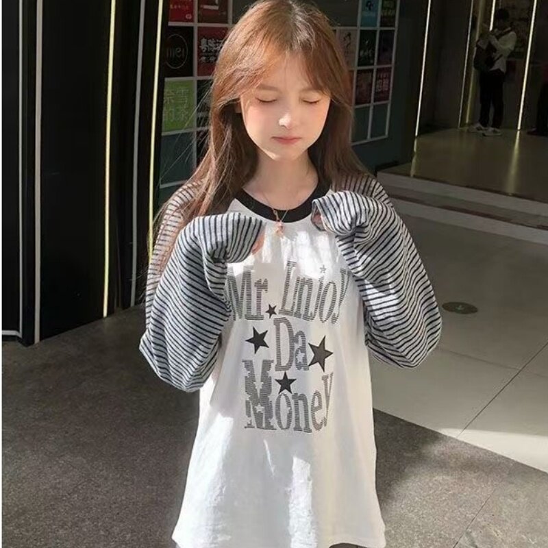 2026春秋季韩系复古撞色星星字母条纹印花长袖t恤宽松休闲上衣女