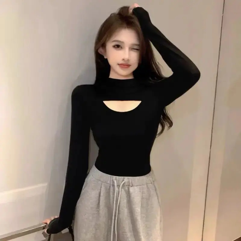 半高领纯色打底衫女春秋新款修身高级感别致镂空内搭长袖T恤上衣