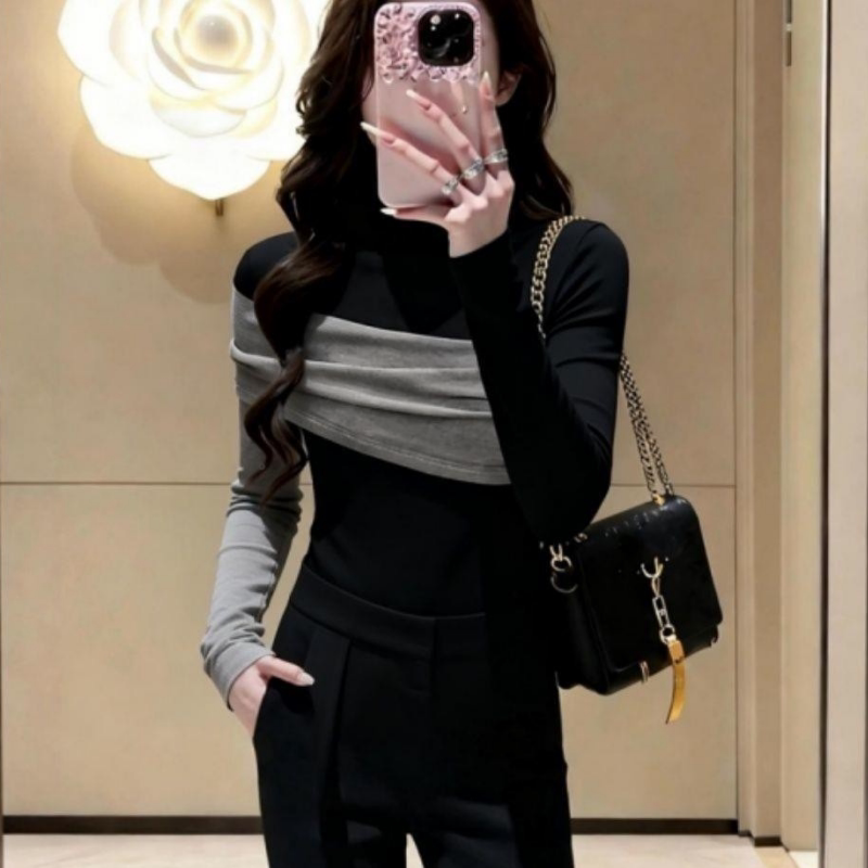 半高领拼接设计感黑色长袖T恤女秋冬德绒保暖修身打底衫上衣ins潮