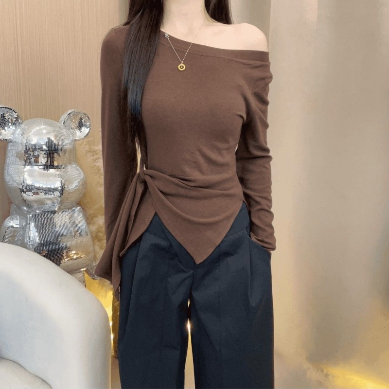 韩系超好看不规则斜领长袖T恤女秋季收腰露肩设计感气质上衣ins潮