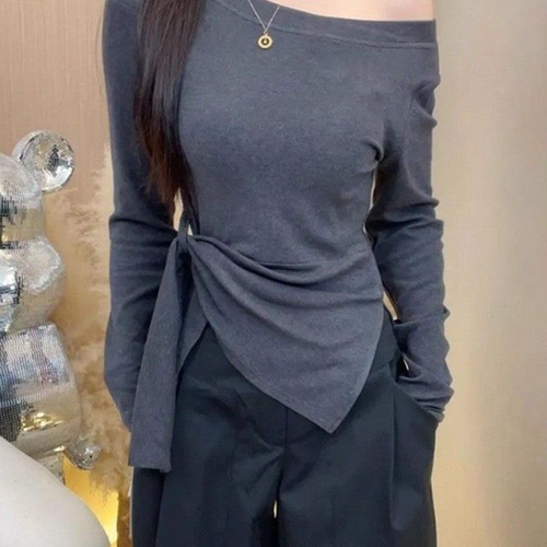 设计感漂亮MM露锁骨斜领长袖T恤女2026秋季绑带修身气质时尚上衣