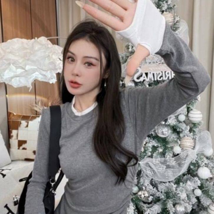 撞色假两件拼接设计感长袖T恤女秋冬季褶皱显瘦中长款打底衫上衣