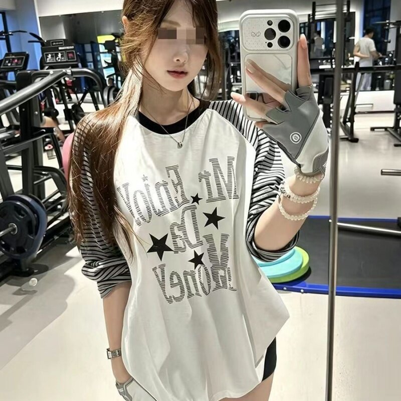 春秋长袖T恤女条纹插肩袖星星字母印花宽松休闲美式街头百搭上衣