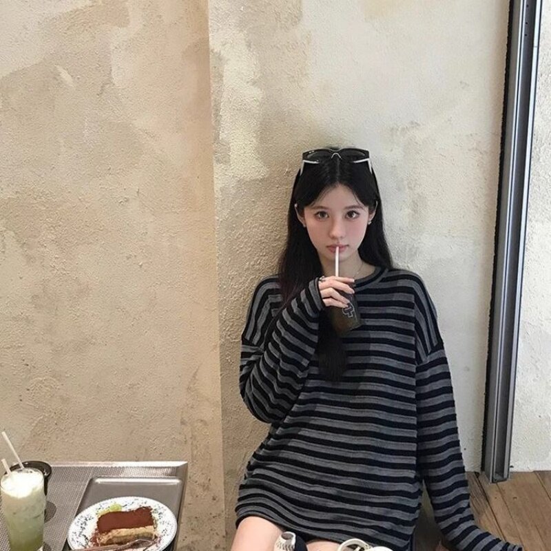 韩系撞色条纹长袖t恤女2026春秋新款松弛感慵懒风宽松显瘦上衣ins
