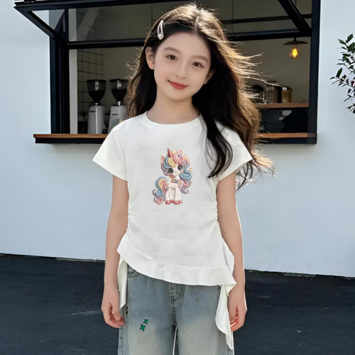 韩系潮流风格夏季款荷叶边纯棉女童圆领短袖卡通印花日常出街款式