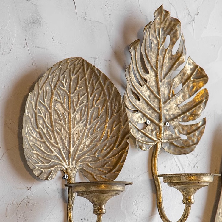 SH复古装饰墙壁浪漫墙挂蜡烛台树叶墙壁饰品法式金属挂件工艺品