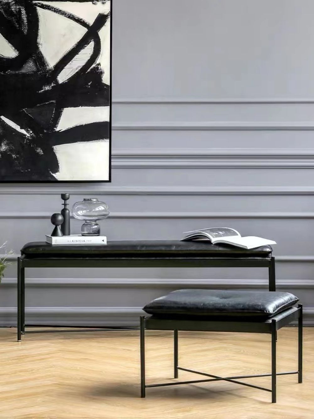 ART家具北欧创意现代极简铁艺黑色系床尾凳长凳设计师休闲PU皮