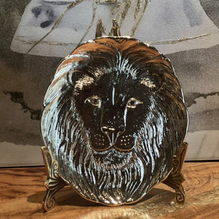 DS印度手工金色锡合金立体浮雕狮王虎弟首饰托盘梳妆台收纳盘摆件