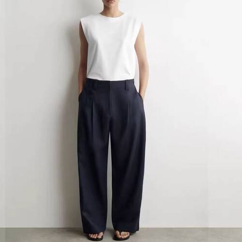 COS女装 休闲版型亚麻压褶气球裤藏青色2026夏季新品1333131001
