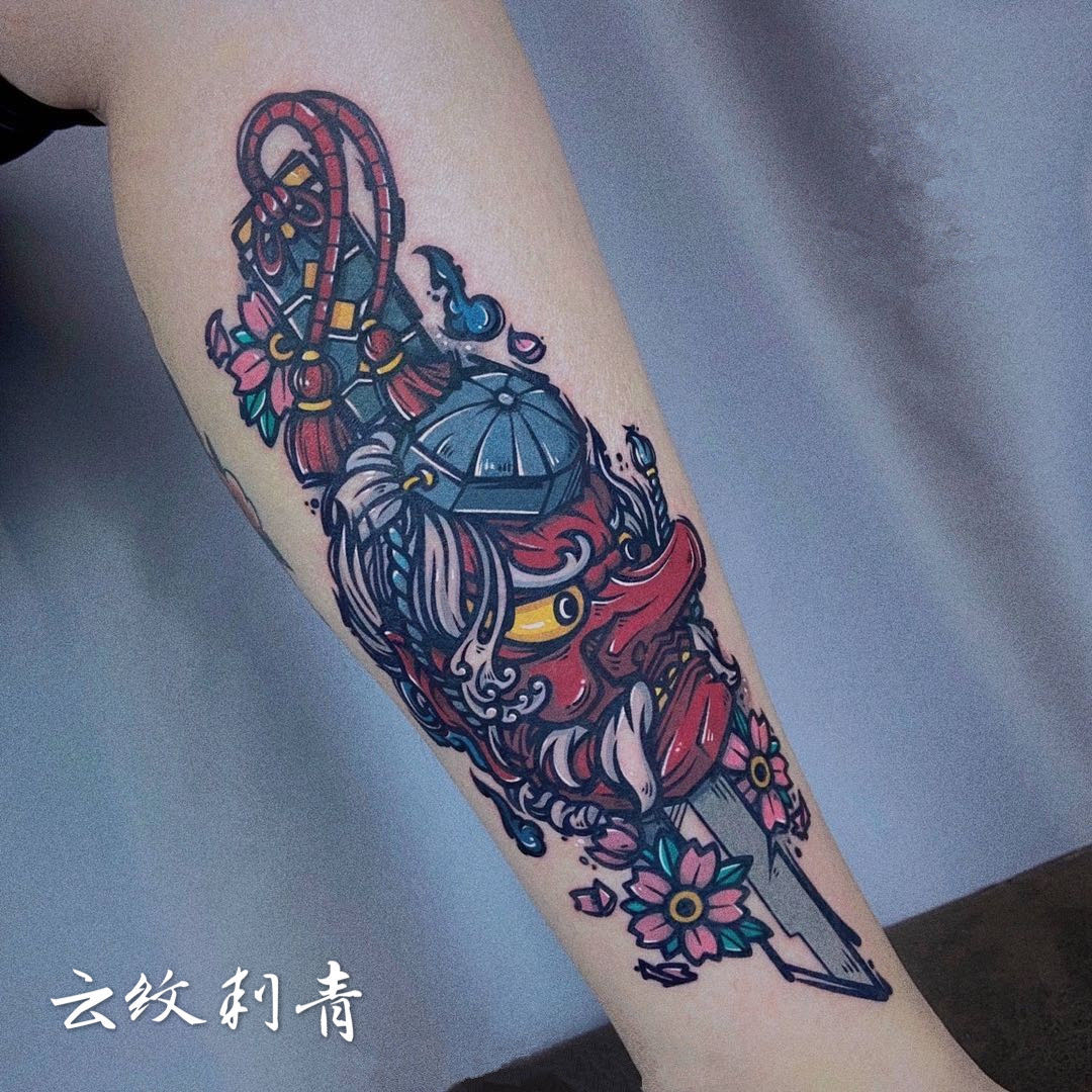 纹身贴防水持久新款日系浮世绘彩色樱花刀手臂脚踝 满九元包邮