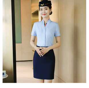 短袖雪纺衬衫女夏修身温柔洋气职业装服务业工作服韩版V领白色衣