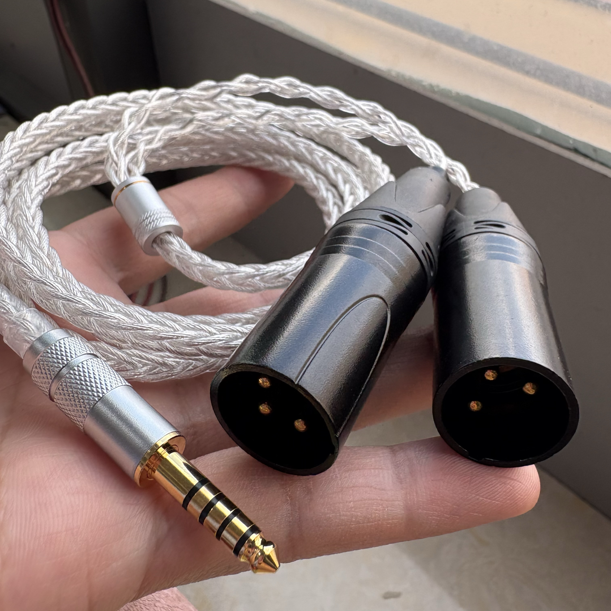 德聆格 4.4mm转双卡农公音频线三芯一分二调音台音箱响线银升级线