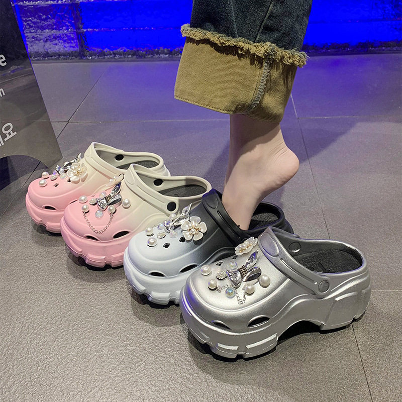 EVA洞洞鞋女夏水晶爱心可拆卸外穿厚底防滑沙滩软底包头凉拖鞋女