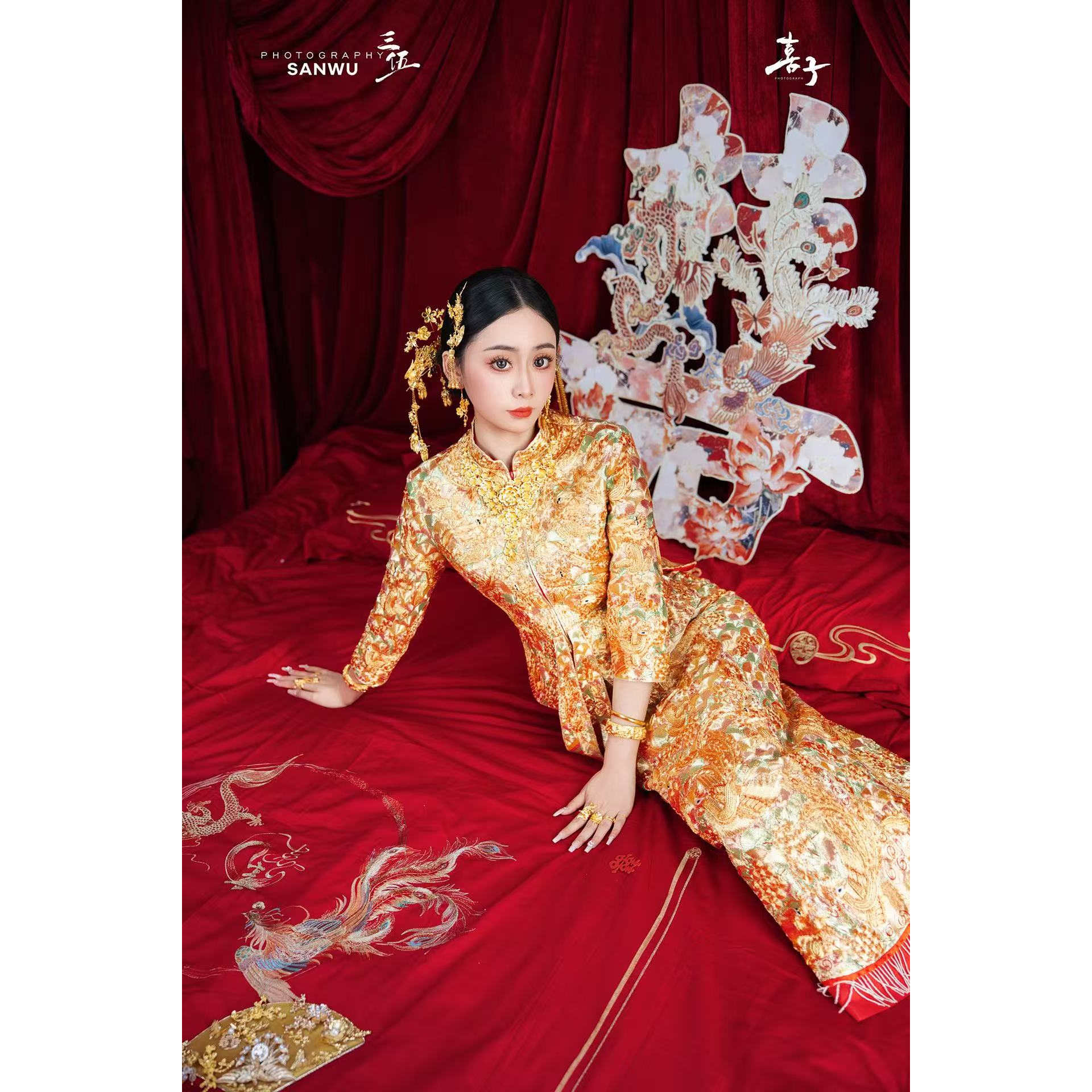 褂皇龙凤褂黄金甲手工中式结婚新娘龙凤裙褂礼服秀禾婚服嫁衣租赁