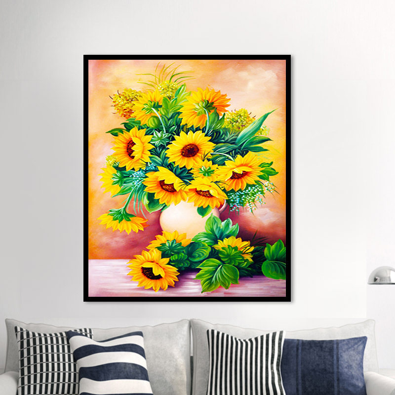 印花十字绣满绣向日葵花瓶棉线绣玄关竖版走廊挂画简约花卉客厅画