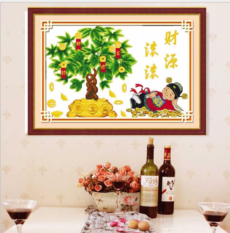 印花十字绣线绣财神到自己绣财源滚滚摇钱树9CT大格招财招财树