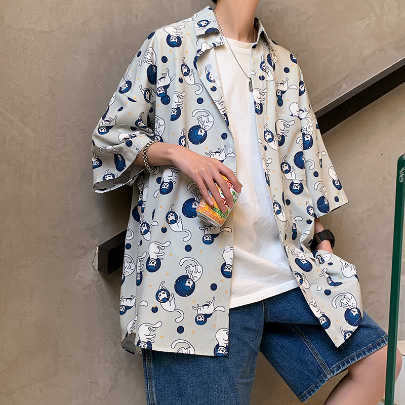 2021男女BF街头复古港风小猫印花衬衫XZ229-1C8801P40，男装衬衫，星座301A-2